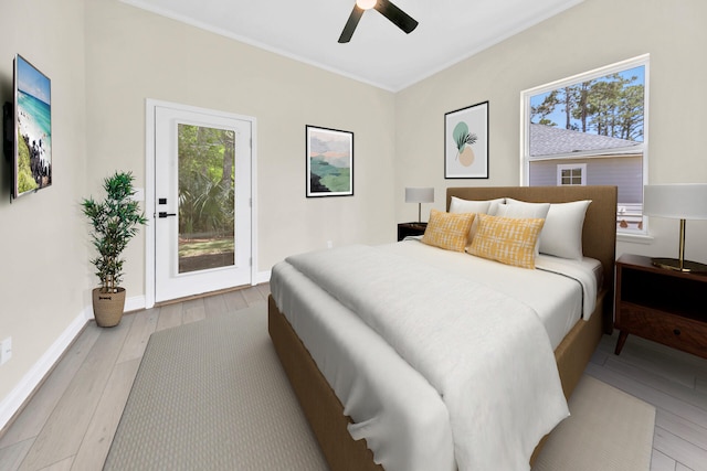 bedroom with ceiling fan, light hardwood / wood-style floors, access to exterior, and ornamental molding