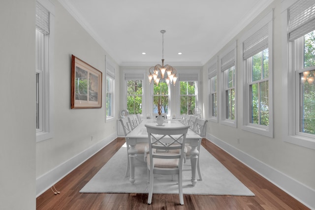 dining room with dark hardwood / wood-style flooring, a healthy amount of sunlight, and a notable chandelier