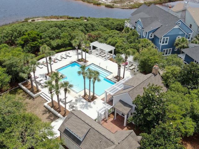 drone / aerial view with a water view