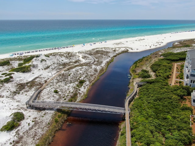 aerial view featuring a beach view and a water view