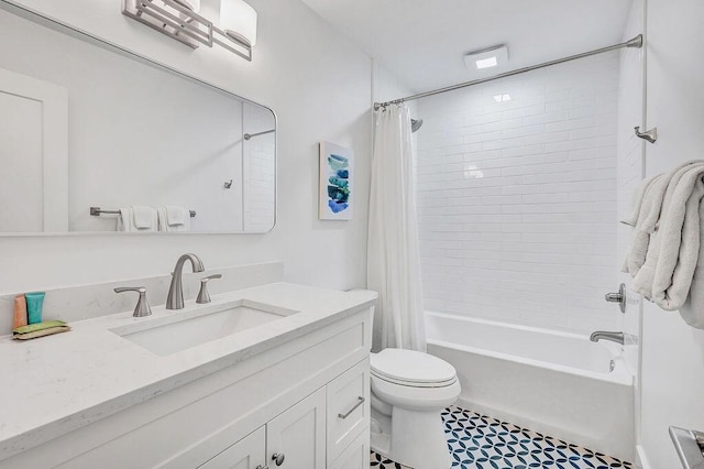 full bathroom with shower / bath combo, vanity, and toilet