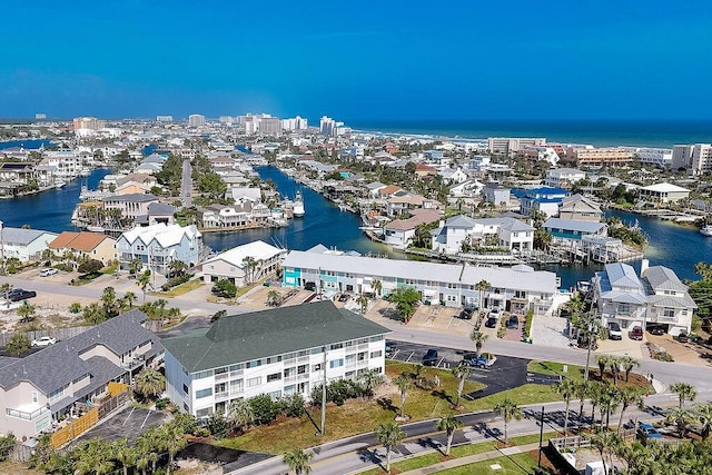 drone / aerial view with a water view