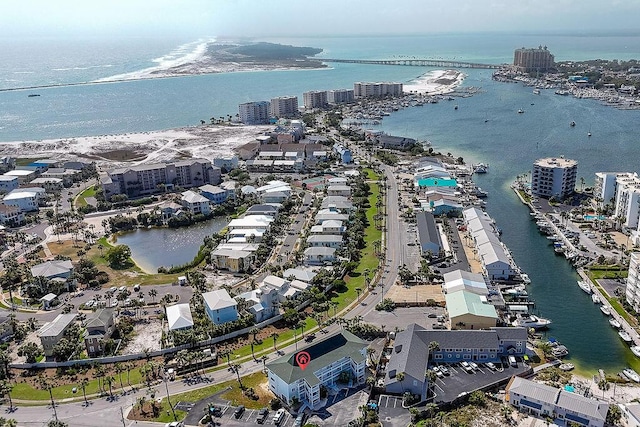 aerial view featuring a water view