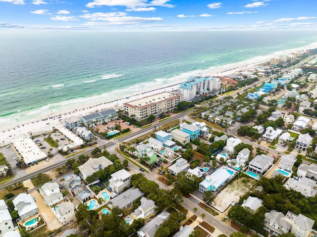 aerial view featuring a water view and a view of the beach