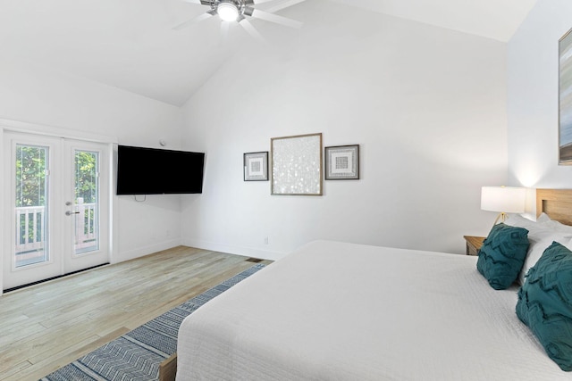 bedroom featuring baseboards, ceiling fan, wood finished floors, access to exterior, and french doors