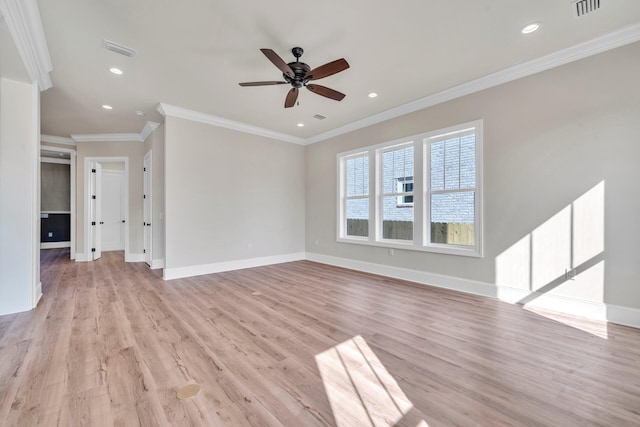 unfurnished living room featuring crown molding, ceiling fan, and light wood-type flooring