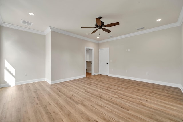 unfurnished room featuring crown molding, ceiling fan, and light wood-type flooring