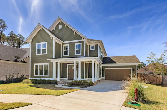 craftsman-style house with a garage, driveway, a front lawn, and fence