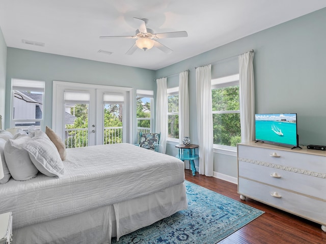 bedroom featuring french doors, ceiling fan, access to exterior, and dark wood-type flooring