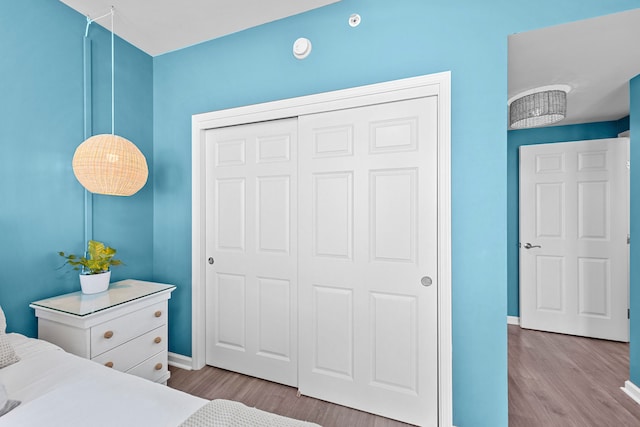 bedroom with wood-type flooring and a closet