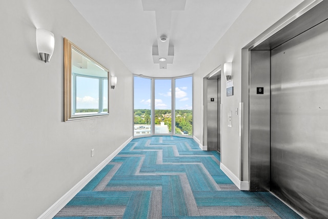 corridor with elevator and carpet flooring