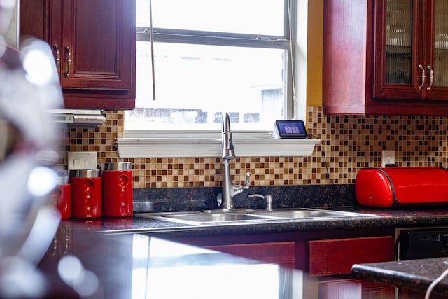 kitchen with reddish brown cabinets, a sink, and a healthy amount of sunlight