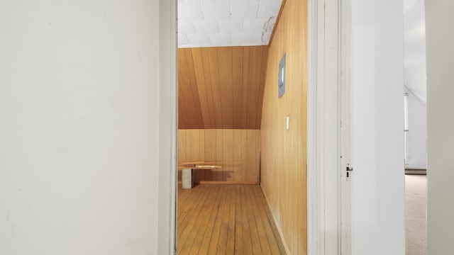 hall with wood walls