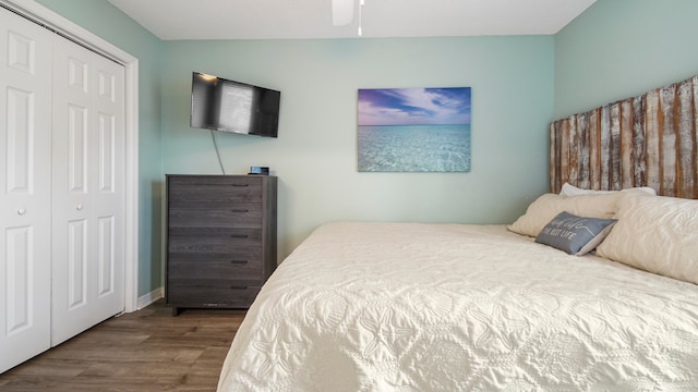 bedroom featuring ceiling fan, a closet, and dark hardwood / wood-style flooring