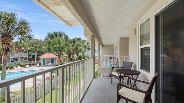 balcony with a fenced in pool