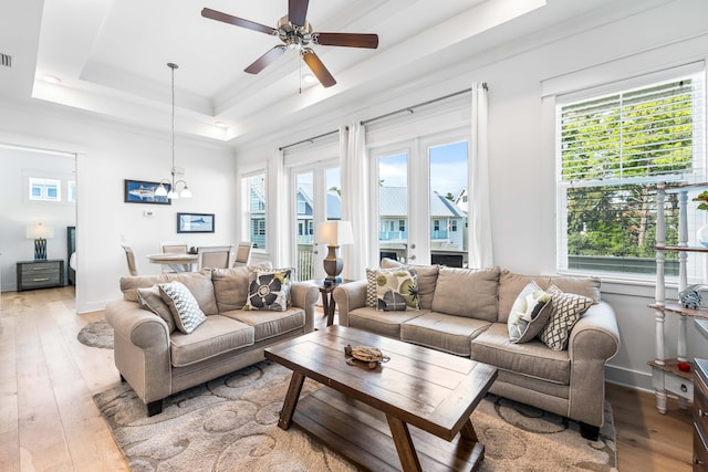 living room with wood-type flooring, plenty of natural light, and a raised ceiling