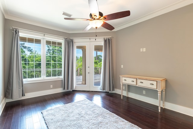 doorway to outside with ceiling fan, french doors, dark hardwood / wood-style flooring, and crown molding