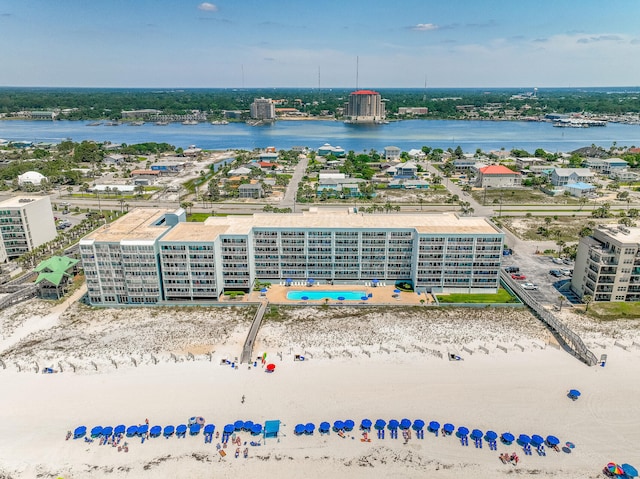 drone / aerial view featuring a water view