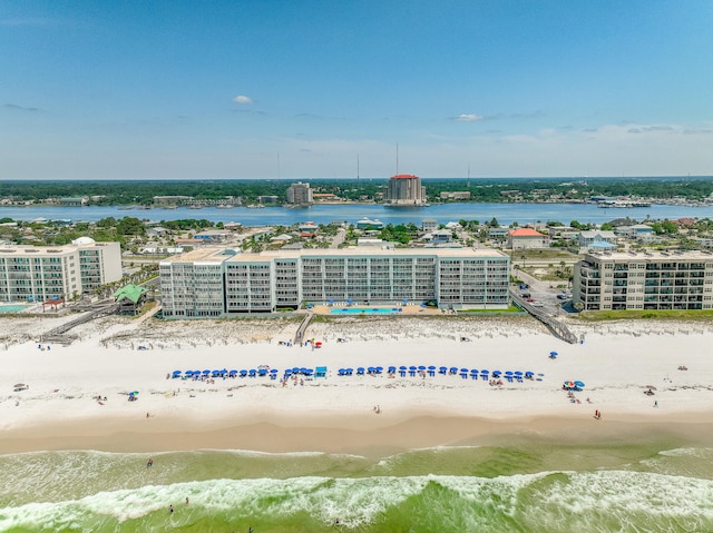 drone / aerial view with a view of the beach and a water view