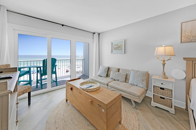 living room featuring a water view and light hardwood / wood-style floors