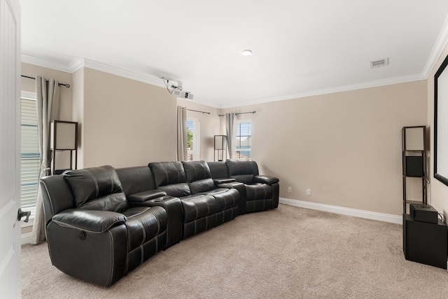 carpeted living room featuring crown molding