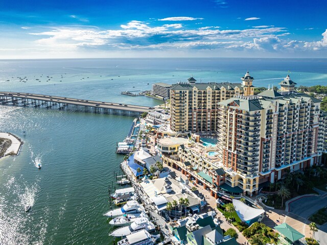 drone / aerial view featuring a water view