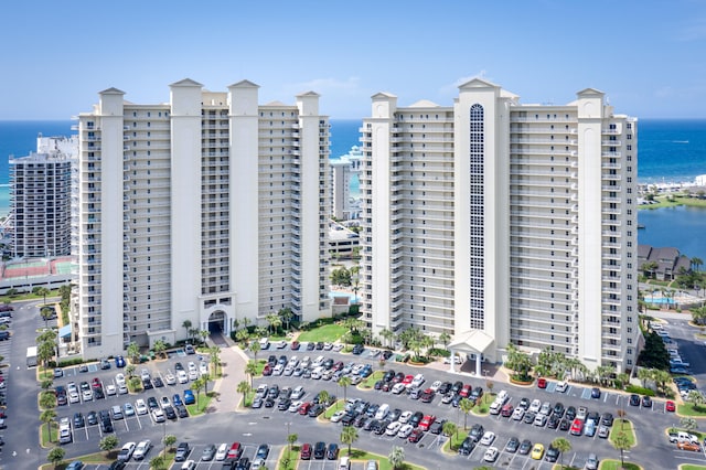 view of building exterior with a water view