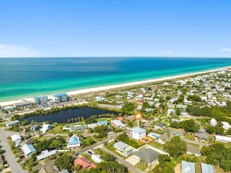 drone / aerial view featuring a water view