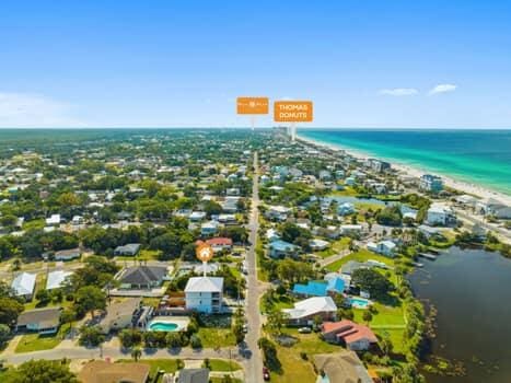 drone / aerial view featuring a water view