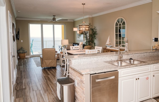 kitchen featuring ceiling fan, white cabinetry, ornamental molding, stainless steel dishwasher, and sink