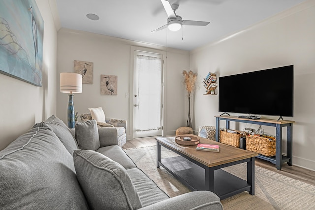 living area featuring wood finished floors, a ceiling fan, and baseboards