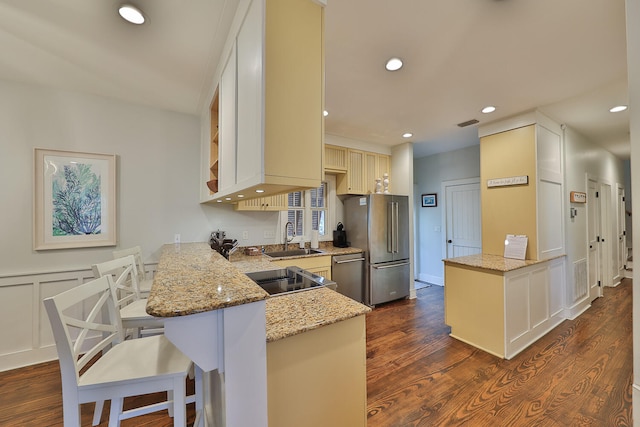 kitchen featuring light stone countertops, kitchen peninsula, dark wood-type flooring, sink, and appliances with stainless steel finishes