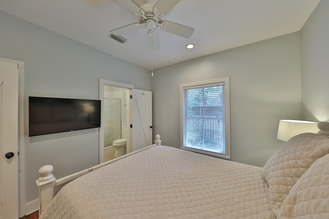 bedroom featuring connected bathroom and ceiling fan