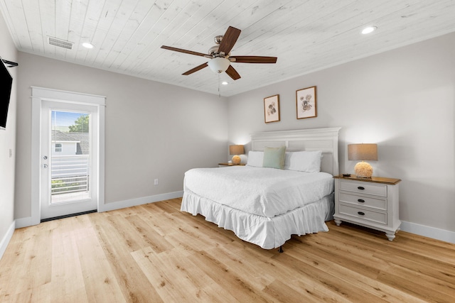 bedroom featuring wooden ceiling, ceiling fan, and light hardwood / wood-style floors