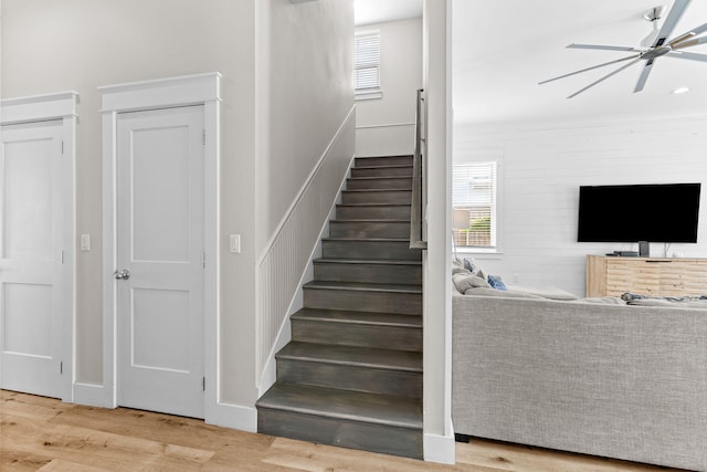 stairway with ornamental molding, ceiling fan, and light wood-type flooring