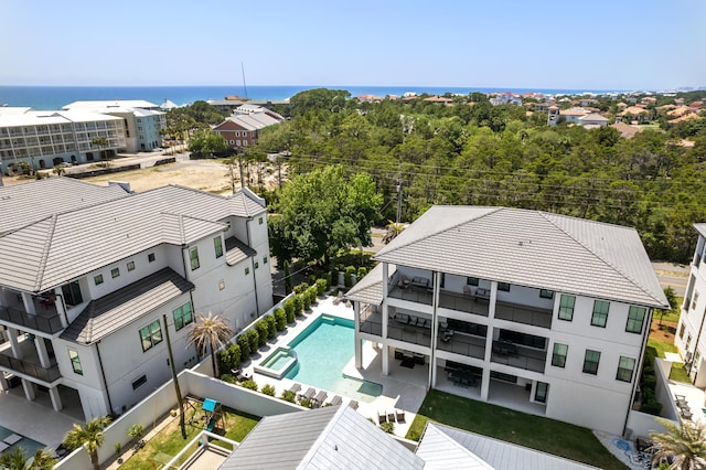 aerial view featuring a water view