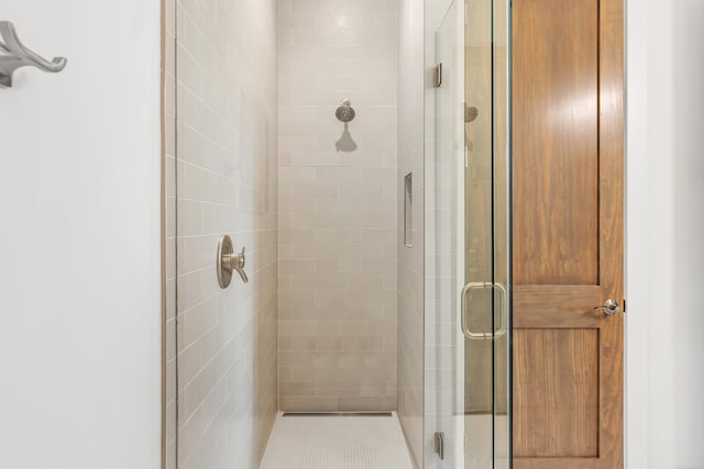 bathroom featuring a shower with shower door