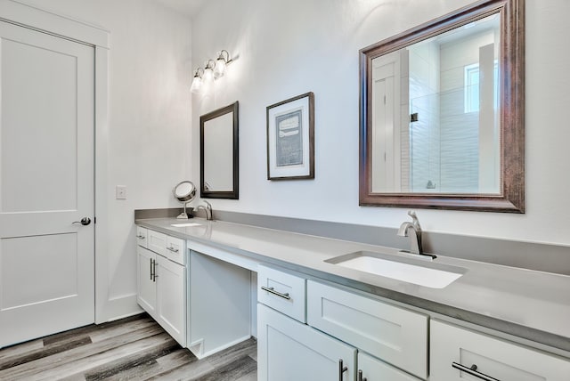 bathroom with hardwood / wood-style floors and double vanity