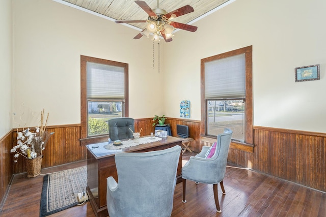 home office featuring ceiling fan, dark hardwood / wood-style flooring, plenty of natural light, and wood ceiling