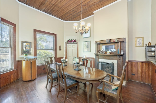 dining space with wood walls, wooden ceiling, ornamental molding, a notable chandelier, and wood-type flooring