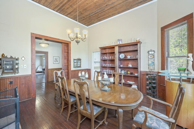 dining area featuring dark wood-type flooring, an inviting chandelier, wood walls, wood ceiling, and ornamental molding