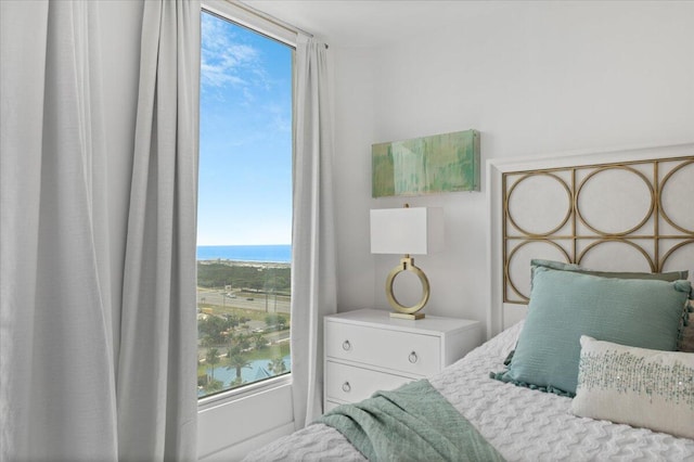 bedroom featuring a water view and multiple windows