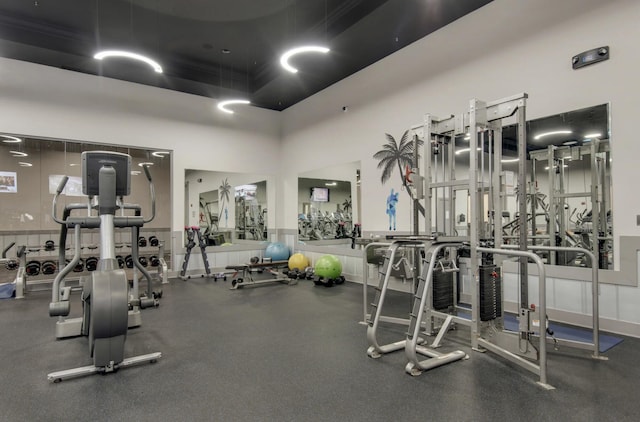 workout area with a high ceiling