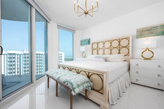 tiled bedroom featuring an inviting chandelier