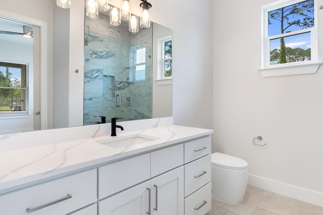 bathroom featuring walk in shower, tile patterned floors, vanity, and toilet