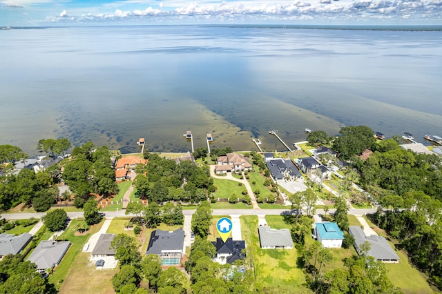 drone / aerial view featuring a water view