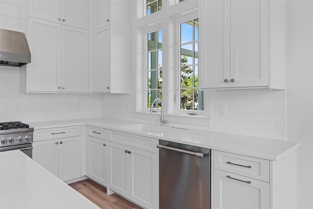 kitchen with appliances with stainless steel finishes, sink, light hardwood / wood-style floors, white cabinetry, and range hood