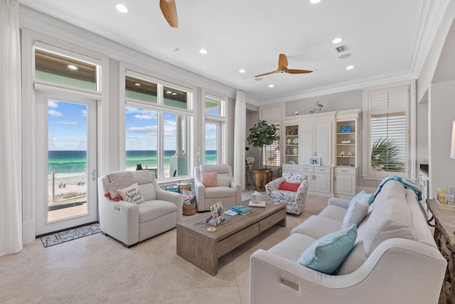 living area with ceiling fan, ornamental molding, visible vents, and recessed lighting