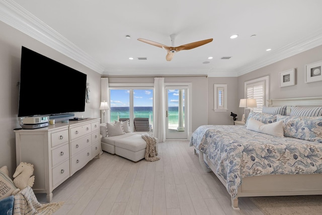 bedroom featuring access to exterior, visible vents, light wood-style floors, and crown molding