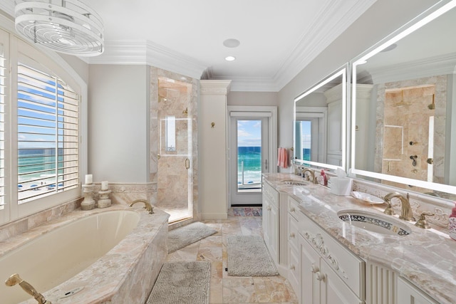 full bathroom with ornamental molding, a stall shower, a sink, and a bath